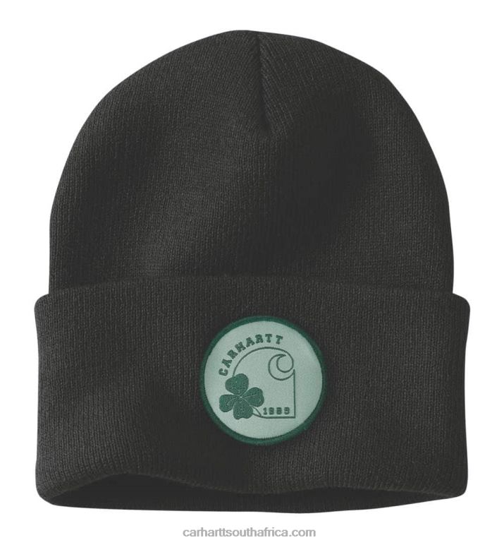 Men Black 6D80X81 Carhartt Knit Shamrock Patch Beanie