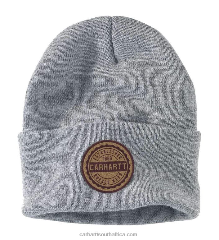 Men Heather Grey 6D80X95 Carhartt Knit Rugged Wear Patch Beanie