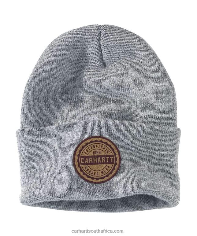 Men Heather Grey 6D80X95 Carhartt Knit Rugged Wear Patch Beanie