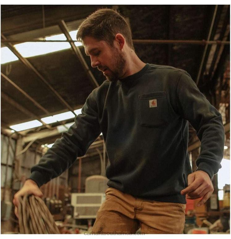 Men Black 6D80X35 Carhartt Loose Fit Midweight Crewneck Pocket Sweatshirt