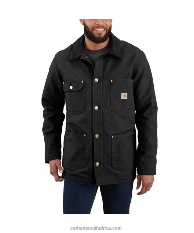 Men Black 6D80X19 Carhartt Loose Fit Firm Duck Blanket-Lined Chore Coat