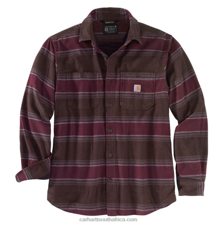 Men Dark Brown Stripe 6D80X30 Carhartt Rugged Flex Relaxed Fit Midweight Flannel Fleece-Lined Shirt