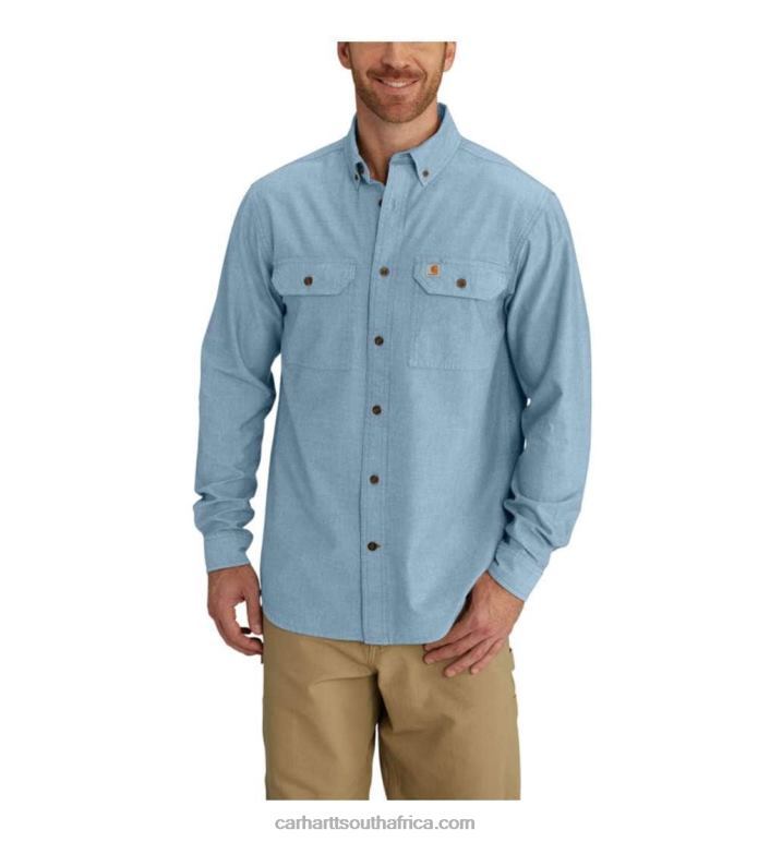 Men Blue Chambray 6D80X111 Carhartt Relaxed Fit Midweight Chambray Long-Sleeve Shirt
