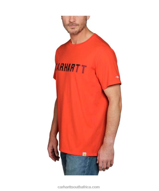 Men Azure Blue 6D80X133 Carhartt Force Relaxed Fit Midweight Short-Sleeve Block Logo Graphic T-Shirt