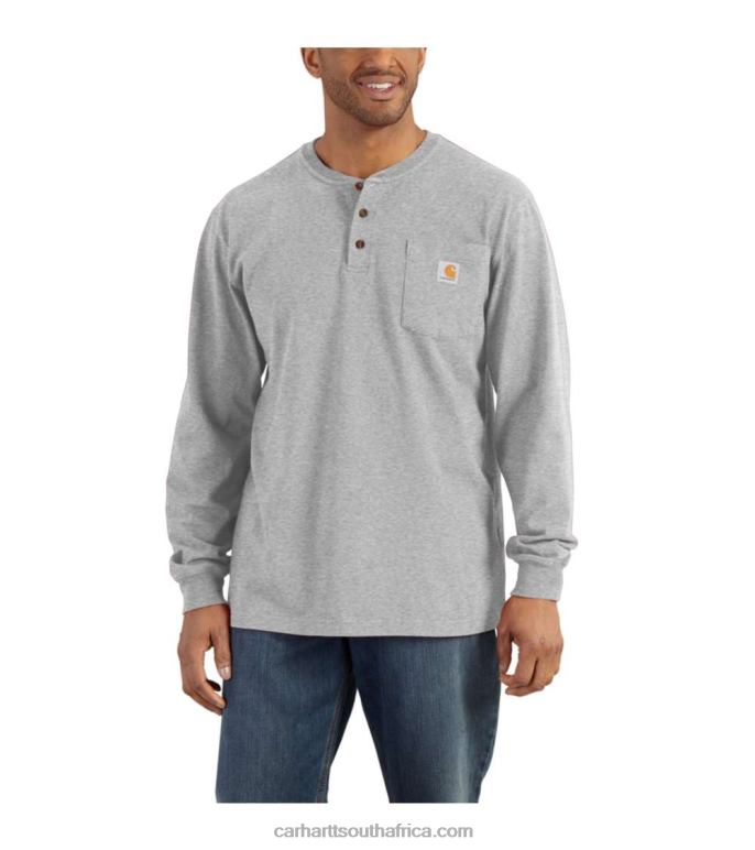 Men Black 6D80X126 Carhartt Loose Fit Heavyweight Long-Sleeve Pocket Henley T-Shirt