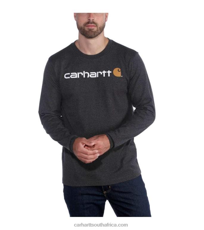 Men Black 6D80X128 Carhartt Relaxed Fit Heavyweight Long-Sleeve Logo Graphic T-Shirt