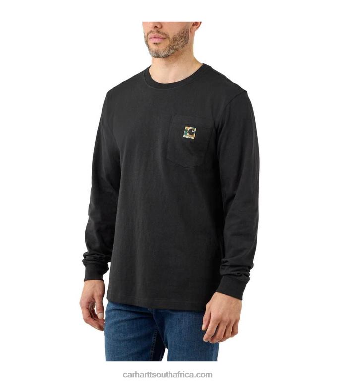 Men Black 6D80X129 Carhartt Relaxed Fit Heavyweight Long-Sleeve Pocket Camo C Graphic T-Shirt