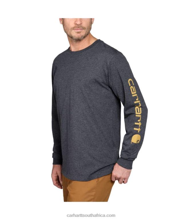Men Black 6D80X130 Carhartt Relaxed Fit Heavyweight Long-Sleeve Logo Sleeve Graphic T-Shirt