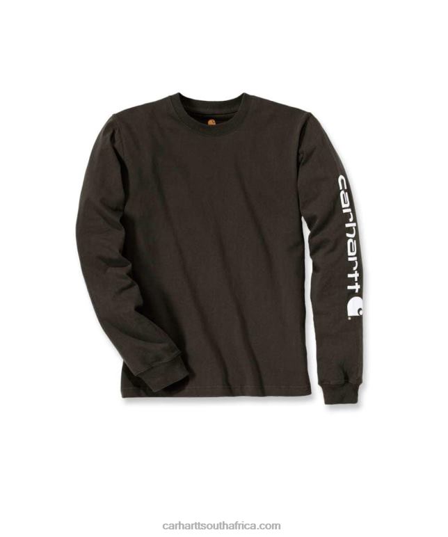 Men Black 6D80X130 Carhartt Relaxed Fit Heavyweight Long-Sleeve Logo Sleeve Graphic T-Shirt