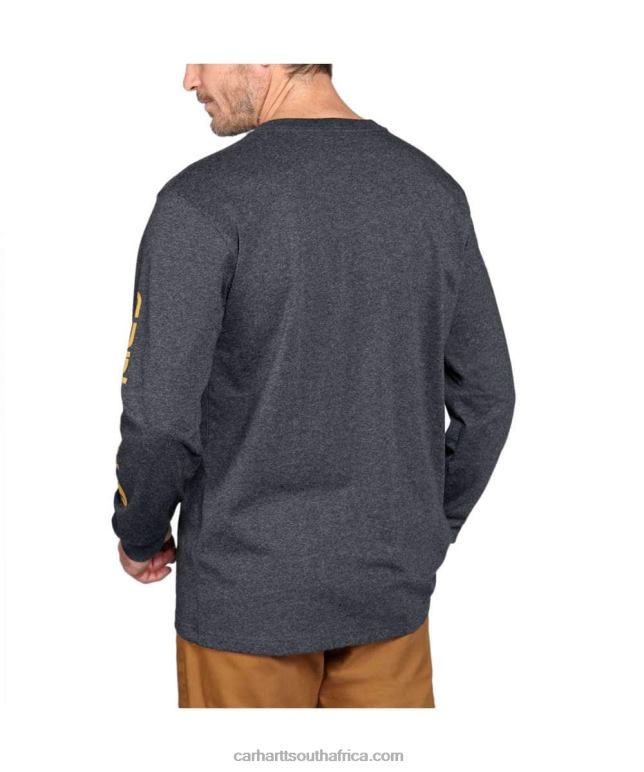 Men Black 6D80X130 Carhartt Relaxed Fit Heavyweight Long-Sleeve Logo Sleeve Graphic T-Shirt
