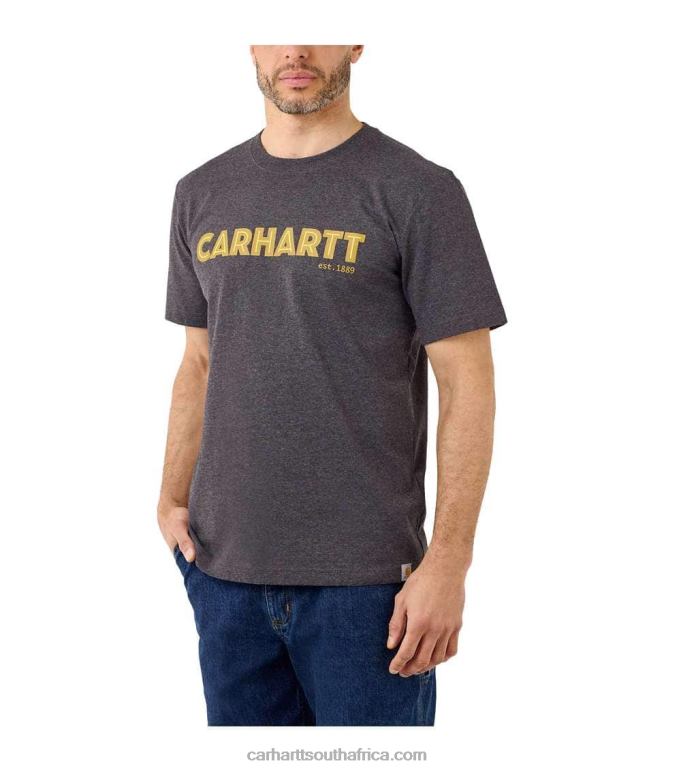 Men Carbon Heather 6D80X134 Carhartt Relaxed Fit Heavyweight Short-Sleeve Logo Graphic T-Shirt