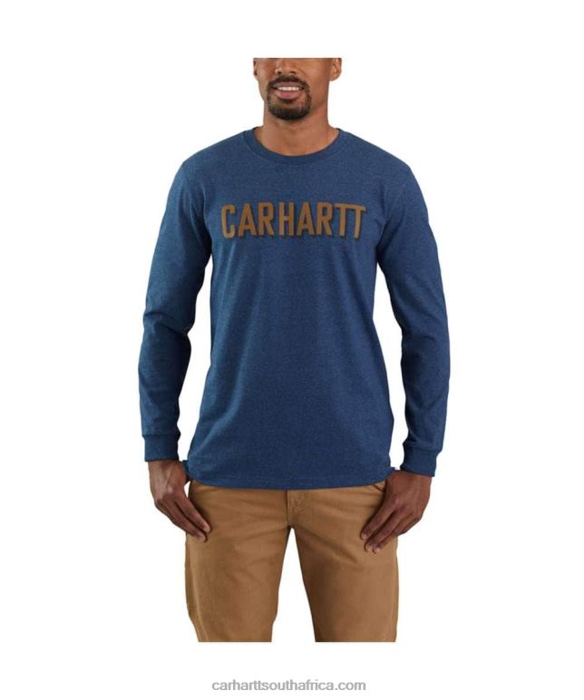 Men Dark Cobalt Blue Heather 6D80X142 Carhartt Relaxed Fit Heavyweight Long-Sleeve Block Logo Graphic T-Shirt