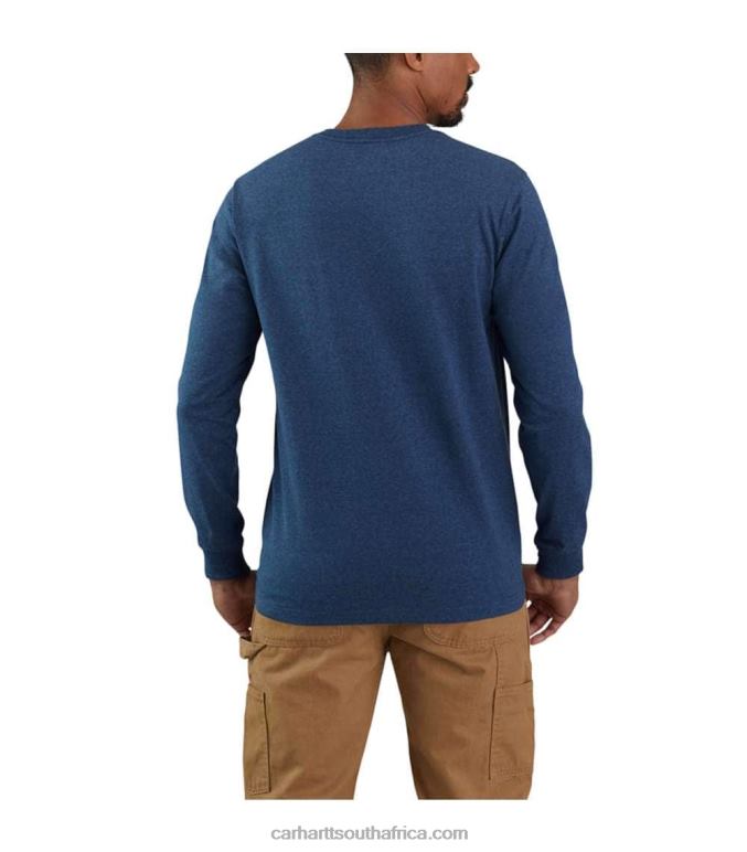 Men Dark Cobalt Blue Heather 6D80X142 Carhartt Relaxed Fit Heavyweight Long-Sleeve Block Logo Graphic T-Shirt