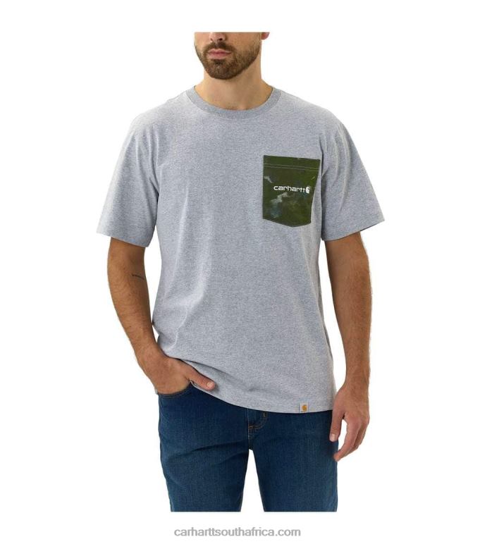 Men Heather Grey 6D80X135 Carhartt Relaxed Fit Heavyweight Short-Sleeve Camo Pocket Graphic T-Shirt
