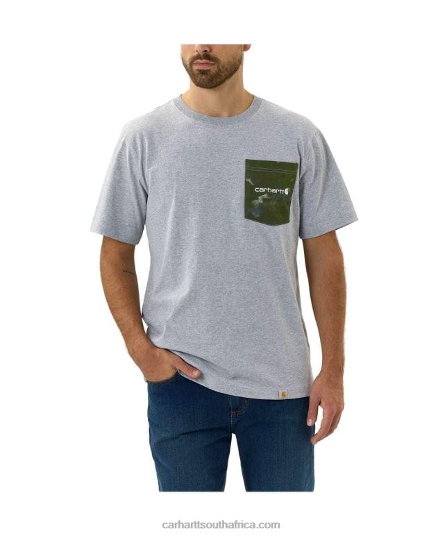 Men Heather Grey 6D80X135 Carhartt Relaxed Fit Heavyweight Short-Sleeve Camo Pocket Graphic T-Shirt
