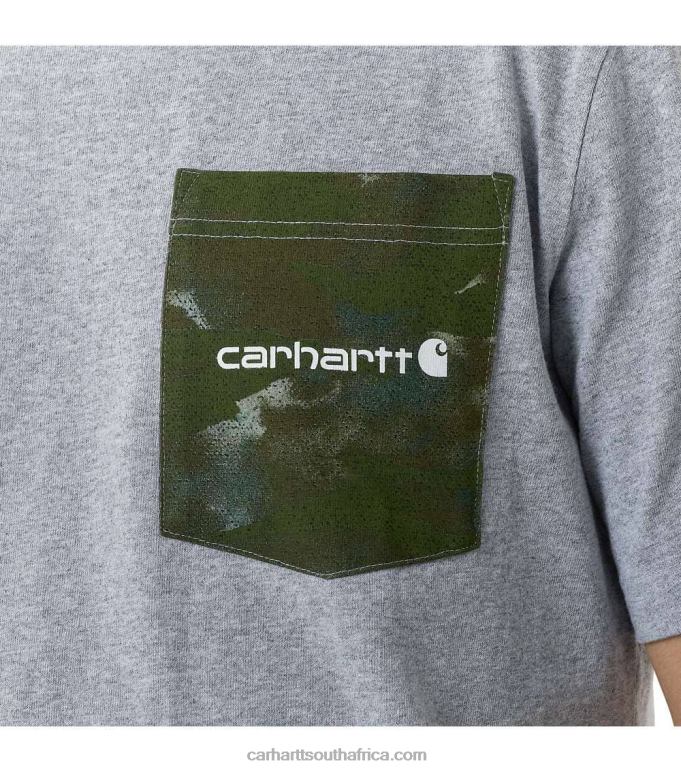 Men Heather Grey 6D80X135 Carhartt Relaxed Fit Heavyweight Short-Sleeve Camo Pocket Graphic T-Shirt
