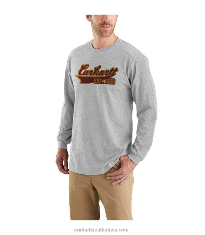 Men Heather Grey 6D80X143 Carhartt Relaxed Fit Heavyweight Long-Sleeve Script Graphic T-Shirt