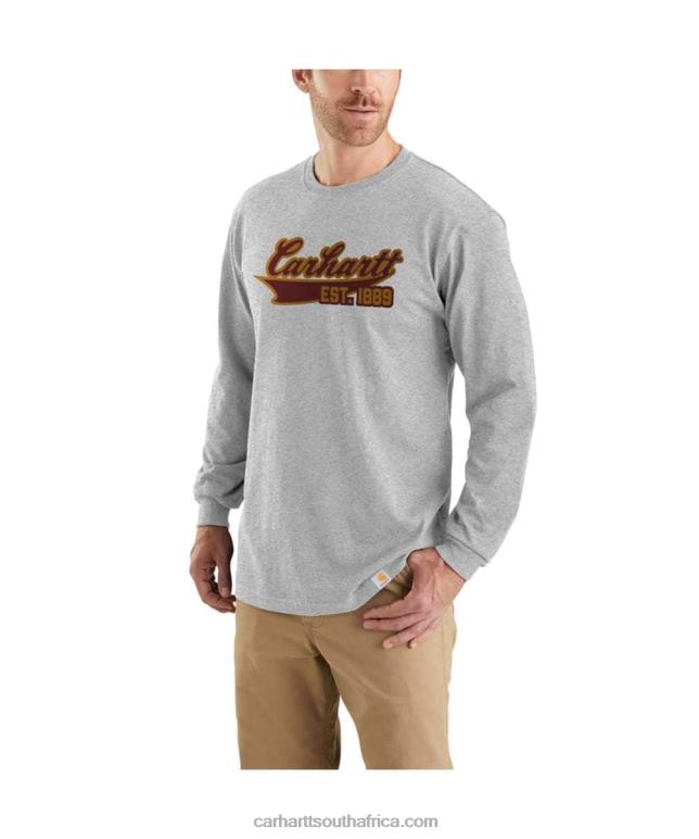 Men Heather Grey 6D80X143 Carhartt Relaxed Fit Heavyweight Long-Sleeve Script Graphic T-Shirt