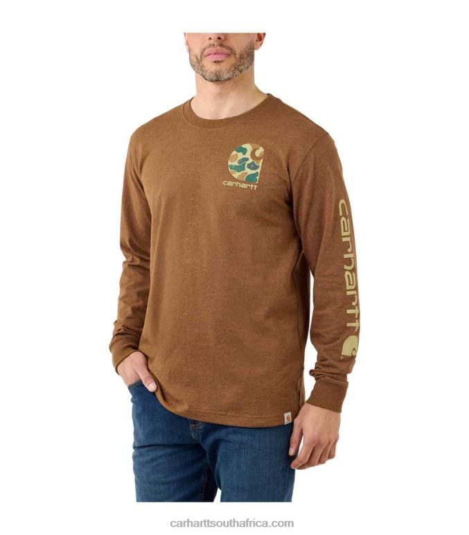 Men Oiled Walnut Heather 6D80X141 Carhartt Relaxed Fit Heavyweight Long-Sleeve Camo Logo Graphic T-Shirt