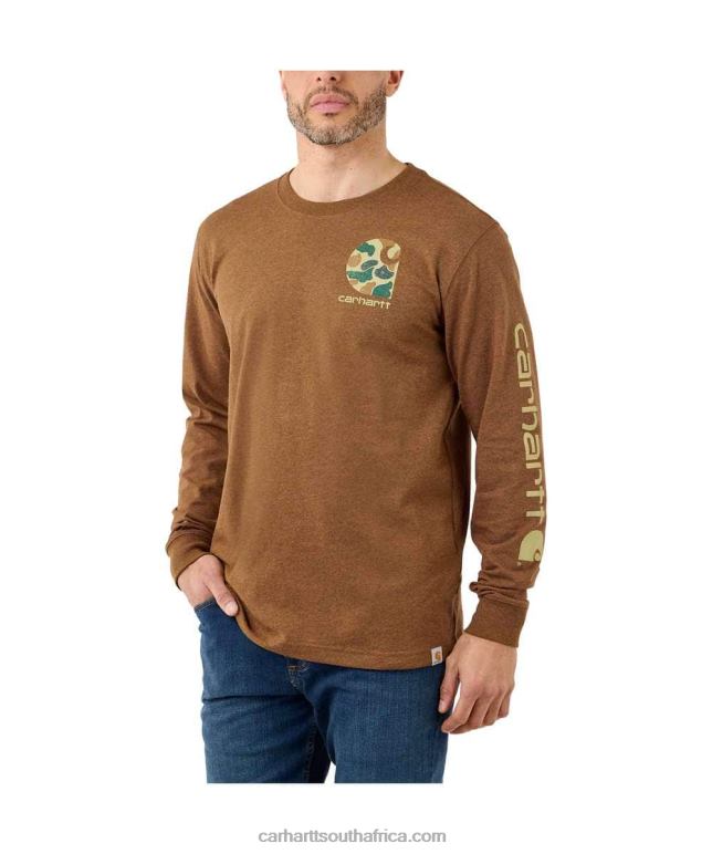 Men Oiled Walnut Heather 6D80X141 Carhartt Relaxed Fit Heavyweight Long-Sleeve Camo Logo Graphic T-Shirt