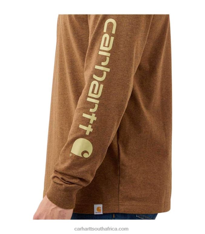 Men Oiled Walnut Heather 6D80X141 Carhartt Relaxed Fit Heavyweight Long-Sleeve Camo Logo Graphic T-Shirt
