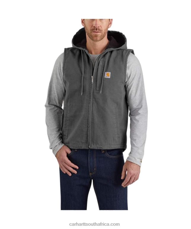 Men Black 6D80X106 Carhartt Relaxed Fit Washed Duck Fleece-Lined Hooded Vest