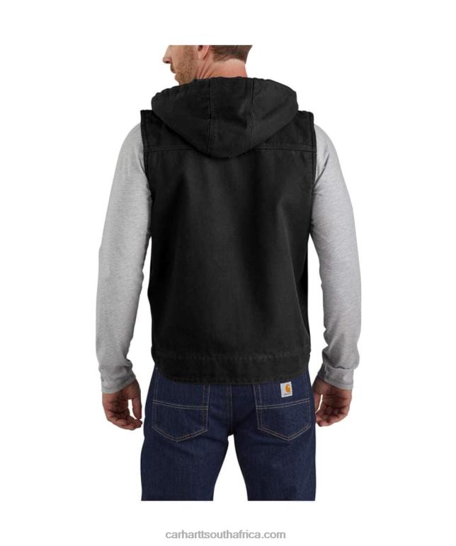 Men Black 6D80X106 Carhartt Relaxed Fit Washed Duck Fleece-Lined Hooded Vest