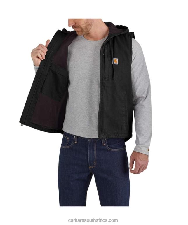 Men Black 6D80X106 Carhartt Relaxed Fit Washed Duck Fleece-Lined Hooded Vest