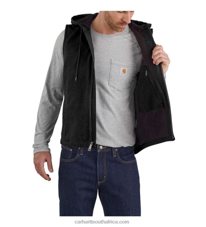 Men Black 6D80X106 Carhartt Relaxed Fit Washed Duck Fleece-Lined Hooded Vest