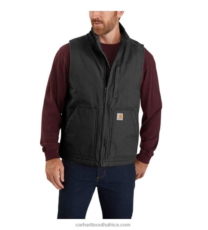 Men Black 6D80X107 Carhartt Loose Fit Washed Duck Sherpa-Lined Mock-Neck Vest