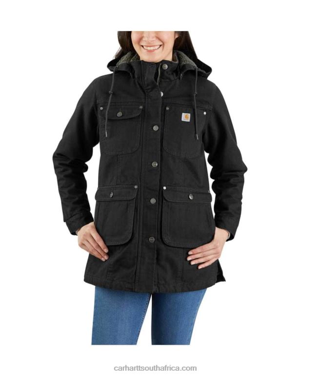 Women Black 6D80X186 Carhartt Loose Fit Weathered Duck Coat