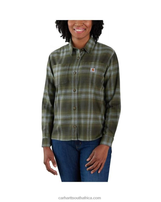 Women Basil 6D80X249 Carhartt Rugged Flex Loose Fit Midweight Flannel Long-Sleeve Plaid Shirt