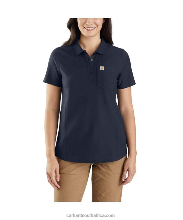 Women Navy 6D80X228 Carhartt W Relaxed Fit Midweight Short-Sleeve Pocket Polo