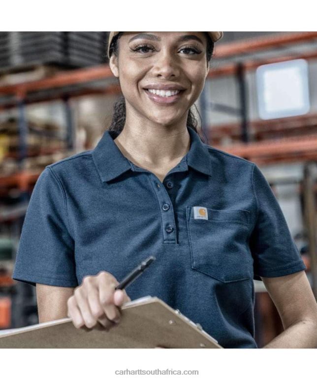 Women Navy 6D80X228 Carhartt W Relaxed Fit Midweight Short-Sleeve Pocket Polo