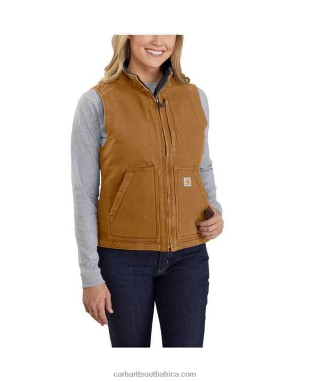 Women Carhartt Brown 6D80X222 Carhartt Relaxed Fit Washed Duck Sherpa Lined Mock Neck Vest