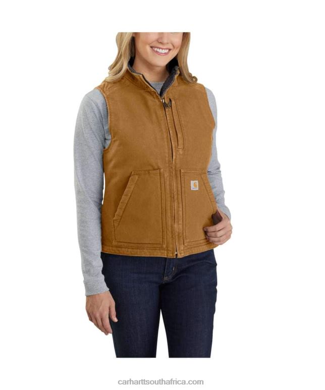 Women Carhartt Brown 6D80X222 Carhartt Relaxed Fit Washed Duck Sherpa Lined Mock Neck Vest