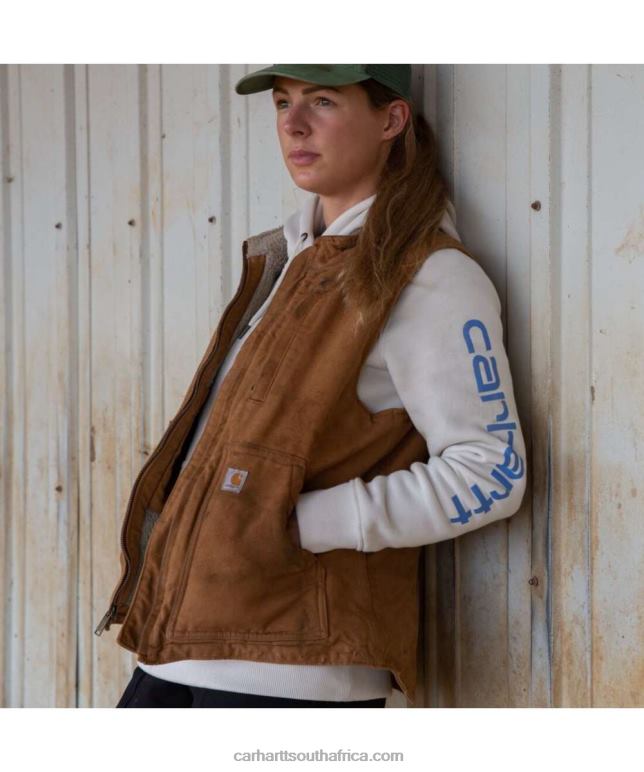 Women Carhartt Brown 6D80X222 Carhartt Relaxed Fit Washed Duck Sherpa Lined Mock Neck Vest