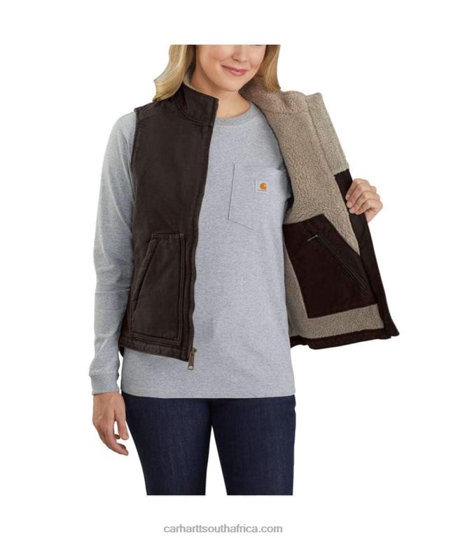 Women Carhartt Brown 6D80X222 Carhartt Relaxed Fit Washed Duck Sherpa Lined Mock Neck Vest