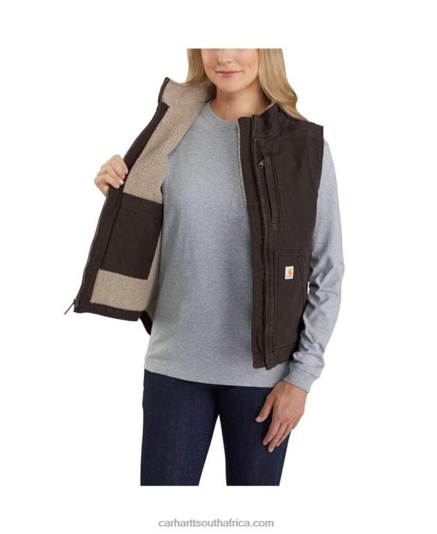 Women Carhartt Brown 6D80X222 Carhartt Relaxed Fit Washed Duck Sherpa Lined Mock Neck Vest
